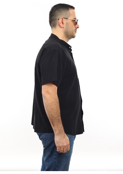 Erkek Büyük Beden Siyah Renk Pamuk Hakim Yaka Cepli Kısa Kol Gömlek KK-8019-TSS fiyatları