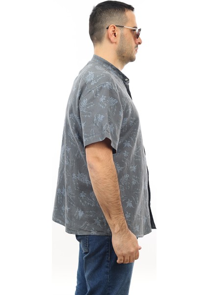 Erkek Büyük Beden Gri Renk Yaprak Desenli Keten Hakim Yaka Cepli Kısa Kol Gömlek KK-8003-TSS fiyatları