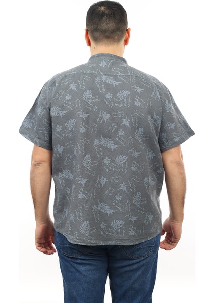 Erkek Büyük Beden Gri Renk Yaprak Desenli Keten Hakim Yaka Cepli Kısa Kol Gömlek KK-8003-TSS modelleri