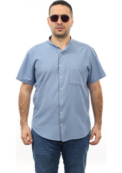 Erkek Büyük Beden Mavi Renk Pamuk Hakim Yaka Cepli Kısa Kol Gömlek KK-8014-TSS