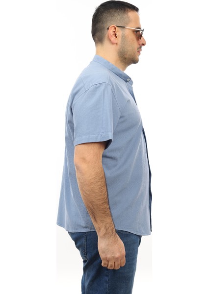 Erkek Büyük Beden Mavi Renk Pamuk Hakim Yaka Cepli Kısa Kol Gömlek KK-8014-TSS fiyatları
