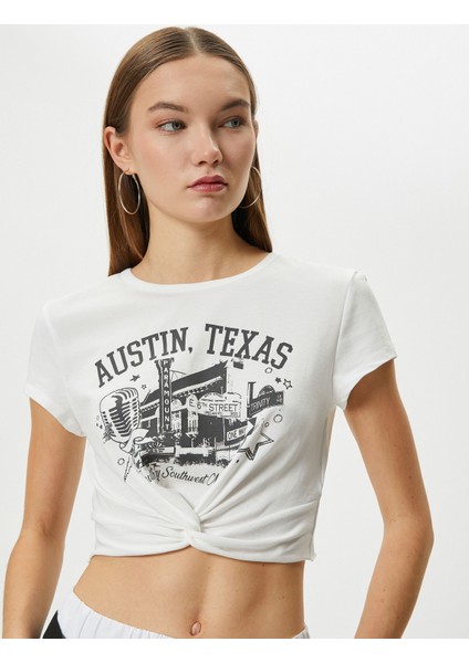 Baskılı Crop Tişört Düğüm Detaylı Kısa Kollu Bisiklet Yaka Slim Fit Pamuklu fiyatları