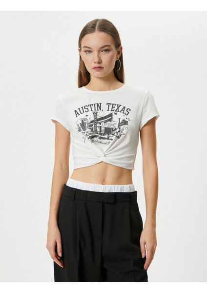 Baskılı Crop Tişört Düğüm Detaylı Kısa Kollu Bisiklet Yaka Slim Fit Pamuklu modelleri