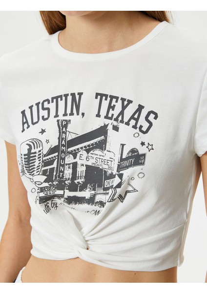 Baskılı Crop Tişört Düğüm Detaylı Kısa Kollu Bisiklet Yaka Slim Fit Pamuklu indirimleri