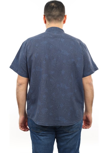 Erkek Büyük Beden Lacivert Renk Yaprak Desenli Keten Hakim Yaka Cepli Kısa Kol Gömlek KK-8006-TSS modelleri