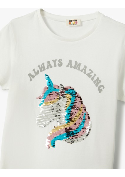 Unicorn Tişört Pullu Payetli Bisiklet Yaka Kısa Kollu Pamuklu