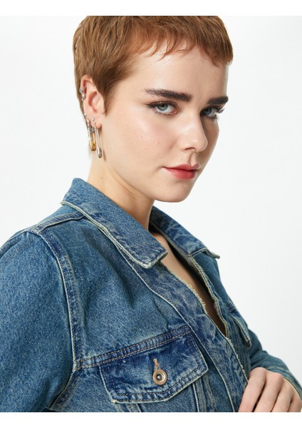 Kısa Kot Ceket Kapaklı Cep Detaylı Gömlek Yaka Pamuklu