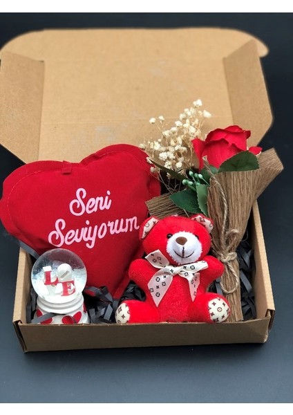 Sevgiliye En Kırmızı Hediye Seti Aşkın Gücü Kırmızı Gül,seni Seviyorum Yastık,love Küre,ayıcık