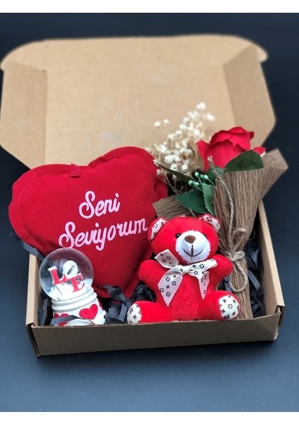 Sevgiliye En Kırmızı Hediye Seti Aşkın Gücü Kırmızı Gül,seni Seviyorum Yastık,love Küre,ayıcık