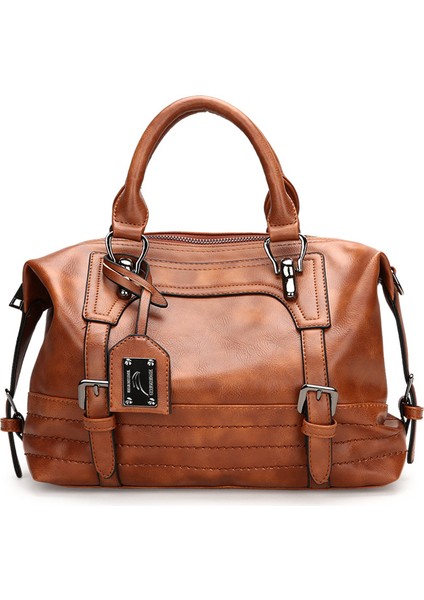 Saf Retro Kadın Çantası Avrupa ve Amerikan Yumuşak El Boston Çantası Omuzdan Askili Çanta Seyahat Çantası (Yurt Dışından)