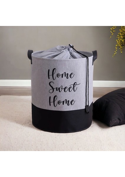 Gri Renk Home Sweet Home Baskılı Çok Amaçlı Dekoratif Oyuncak Sepet
