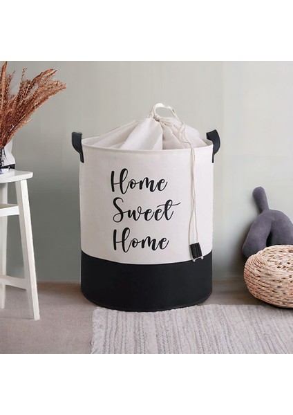 Beyaz Kumaş Home Sweet Home Baskılı Çok Amaçlı, Dekoratif, Oyuncak Sepet