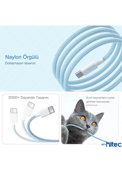 6A 66W Apple Iphone 15 Uyumlu Type-C To Type-C Örgülü Hızlı Data ve Şarj Kablosu Beyaz