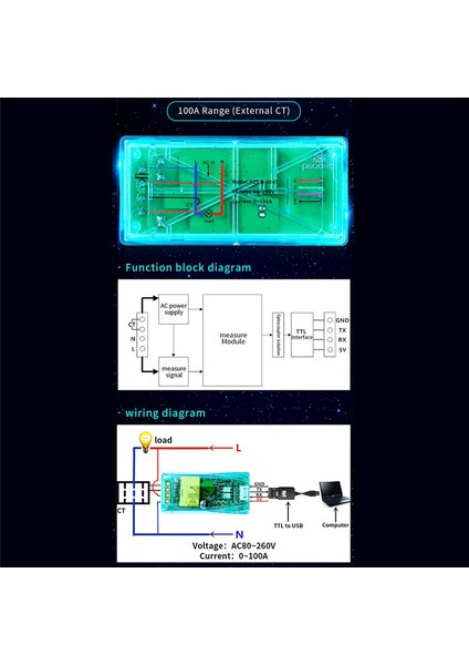 100A Pzem 004T 3.0 Kasalı Wattmetre+Açık Ct Kwh Metre (Yurt Dışından)