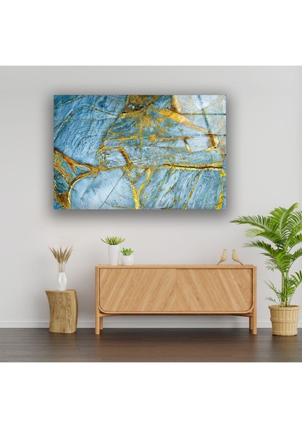 Mavi Mermer Desenli Temperli Cam Duvar Tablosu