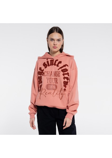 Friday Offset Ess Kadın Somon Ekstra Oversize Kapüşonlu Sweatshirt Hoodie - Şardonlu 3 Iplik