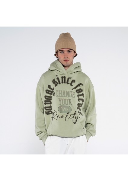 Friday Offset Ess Erkek Mint Yeşil Ekstra Oversize Kapüşonlu Sweatshirt Hoodie - Şardonlu 3 Iplik