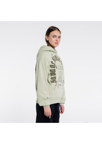 Friday Offset Ess Kadın Mint Yeşil Ekstra Oversize Kapüşonlu Sweatshirt Hoodie - Şardonlu 3 Iplik