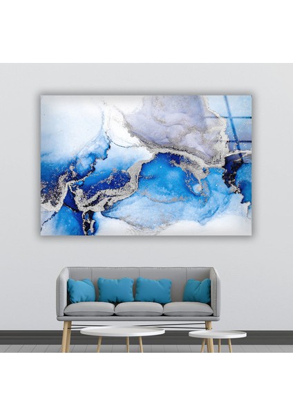 Mavi Mermer Desenli Cam Duvar Tablosu