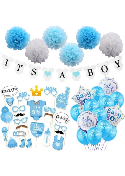Kağıt Çiçekler It's A Boy ile Erkek Çocuk Için Bebek Partisi Süslemeleri Banner Fenerler Petek Topları Kağıt Mendil Pom Pomlar Konfeti Balonları (Mavi) (Yurt Dışından)