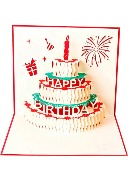 Mutlu Doğum Günü Kartpostal Tebrik Hediye Kartları Kağıt 3D El Yapımı Pop Up Lazer Kesim Vintage Kek Zarf Kırmızı (Yurt Dışından)