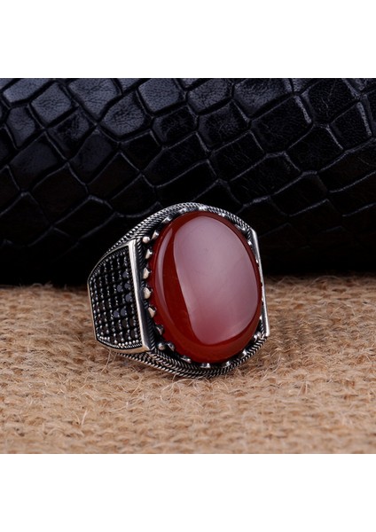925 Ayar Gümüş Oval Model Akik ve Mikro Taşlı Yüzük modelleri