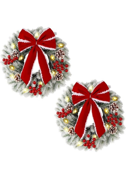 2 Adet Işıklı Noel Çelenkleri, Kırmızı Fiyonklu 9.8 Inç Önceden Aydınlatmalı Mini Noel Çelengi, LED Işıklı Çam Iğnesi Çelengi (Yurt Dışından)