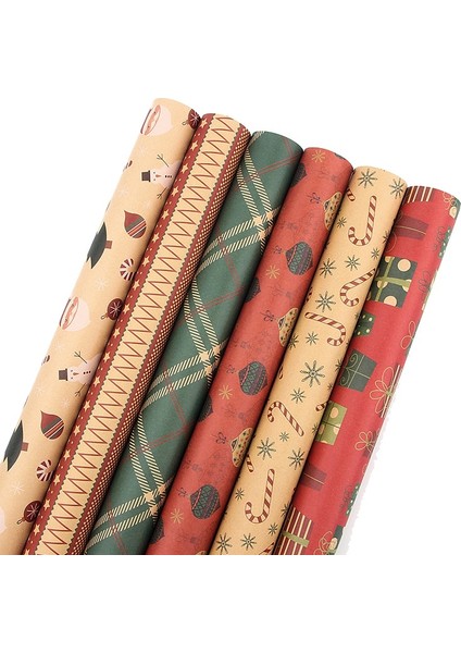 Noel Hediyesi Ambalaj Kağıdı 6 Adet, Kraft Kağıt 70X50CM, 6 Benzersiz Tasarımlı, Jüt Ipli ve Etiketlerli (Yurt Dışından) fiyatları