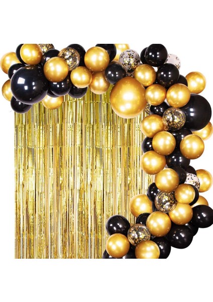 Siyah Altın Balonlar Altın Tinsel Perde ile Siyah Altın Balon Çelenk Düğün Doğum Günü Partisi Malzemeleri Süslemeleri (Yurt Dışından)