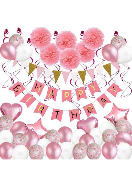 Doğum Günü Süslemeleri, Pembe Mutlu Doğum Günü Banner Parti Malzemeleri ile Kız Kadınlar Için 79 Adet Balon Parti Dekorasyonu (Yurt Dışından)