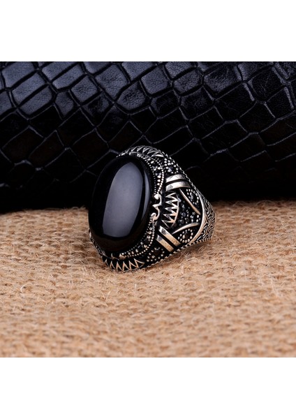 925 Ayar Gümüş Oval Onix Taşlı Örgü Motifli Yüzük fiyatları