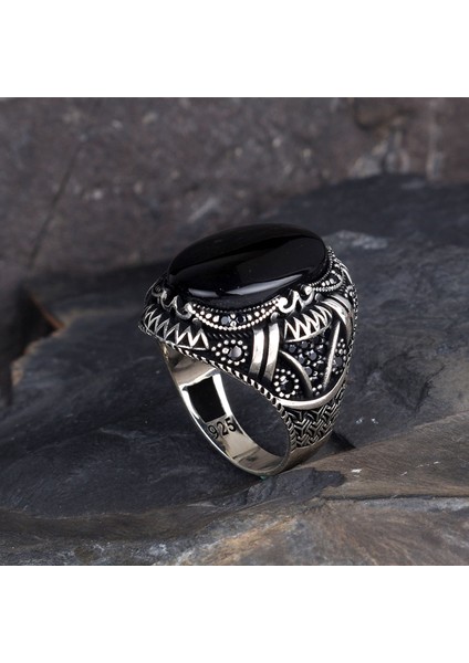 925 Ayar Gümüş Oval Onix Taşlı Örgü Motifli Yüzük modelleri