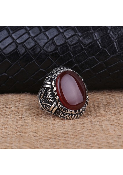 925 Ayar Gümüş Oval Akik Taşlı Örgü Motifli Yüzük