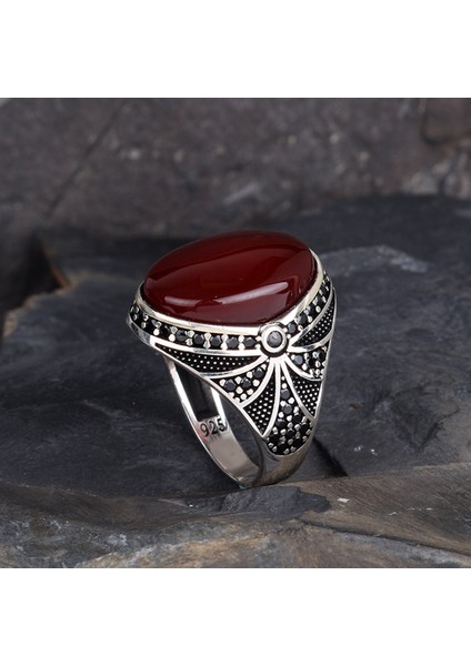 925 Ayar Gümüş Oval Model Akik Taşlı Yüzük fiyatları