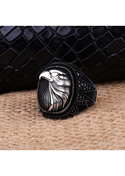 925 Ayar Gümüş Mikro Taşlı Kartal Motif Erkek Yüzük modelleri