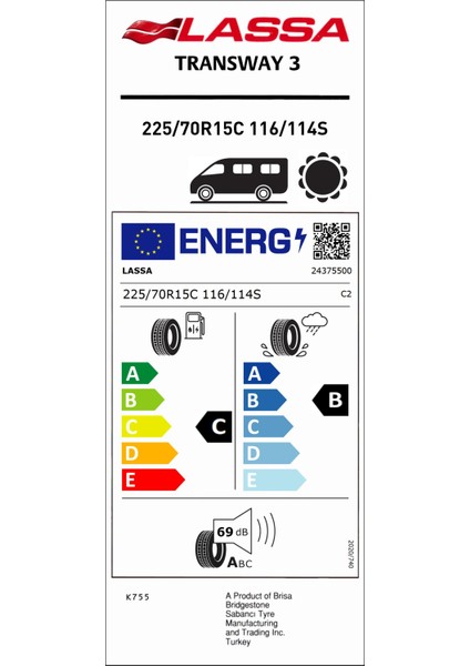 225/70 R15C 116/114S Transway 3 Hafif Ticari Yaz Lastiği (Üretim Yılı: 2024)