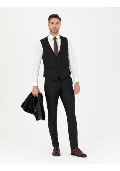 Erkek Siyah Slim Fit Çizgili Yelekli Takım Elbise 50285266-VR046 fiyatları