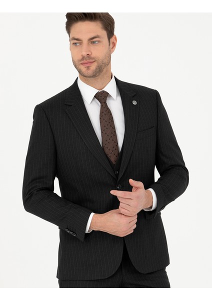 Erkek Siyah Slim Fit Çizgili Yelekli Takım Elbise 50285266-VR046 fırsatları