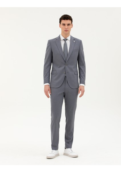 Erkek Koyu Mavi Ex. Slim Fit Çizgili Takım Elbise 50287193-VR032
