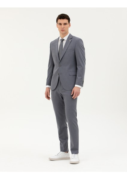 Erkek Koyu Mavi Ex. Slim Fit Çizgili Takım Elbise 50287193-VR032