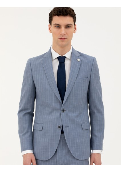 Erkek Koyu Mavi Ex. Slim Fit %100 Yün Çizgili Takım Elbise 50285418-VR032