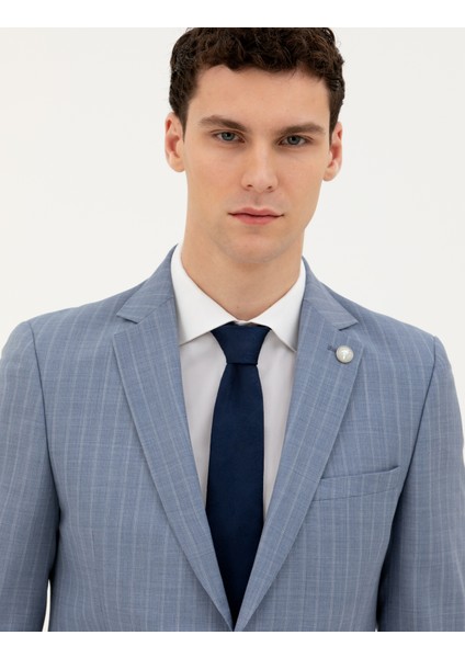 Erkek Koyu Mavi Ex. Slim Fit %100 Yün Çizgili Takım Elbise 50285418-VR032