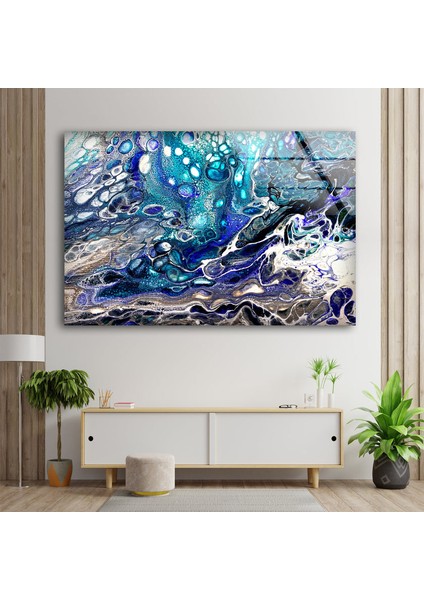 Mavi Mermer Desenli Temperli Cam Duvar Tablosu
