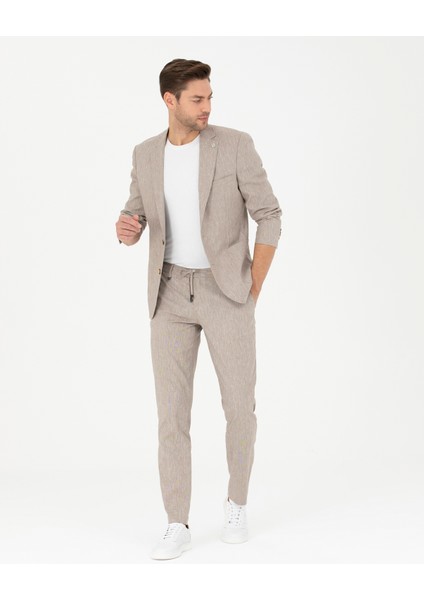 Erkek Açık Kahverengi Ex. Slim Fit Keten Karışımlı Kumaş Pantolon 50284934-VR002