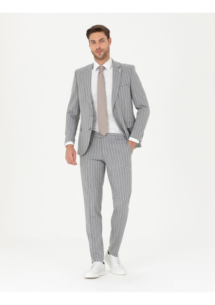 Erkek Gri Ex. Slim Fit Çizgili Yün Karışımlı Takım Elbise 50285262-VR024