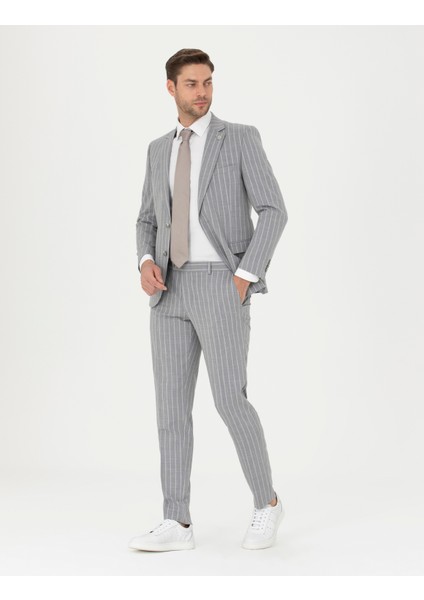 Erkek Gri Ex. Slim Fit Çizgili Yün Karışımlı Takım Elbise 50285262-VR024 fırsatları