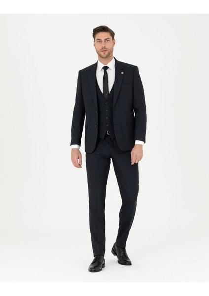 Erkek Lacivert Slim Fit Çizgili Yelekli Takım Elbise 50285266-VR033