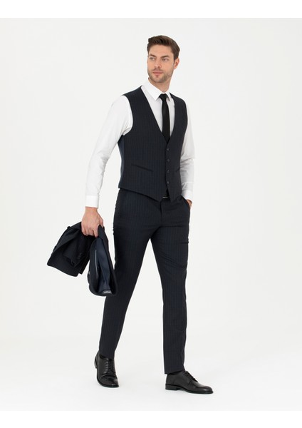 Erkek Lacivert Slim Fit Çizgili Yelekli Takım Elbise 50285266-VR033 fiyatları