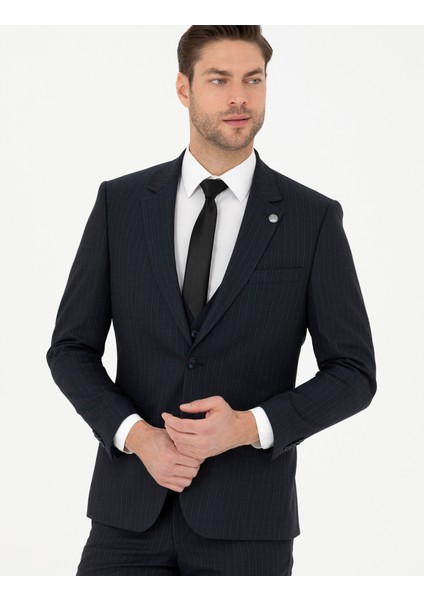 Erkek Lacivert Slim Fit Çizgili Yelekli Takım Elbise 50285266-VR033 fırsatları