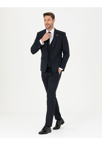 Erkek Lacivert Slim Fit Çizgili Yelekli Takım Elbise 50285266-VR033 indirimleri